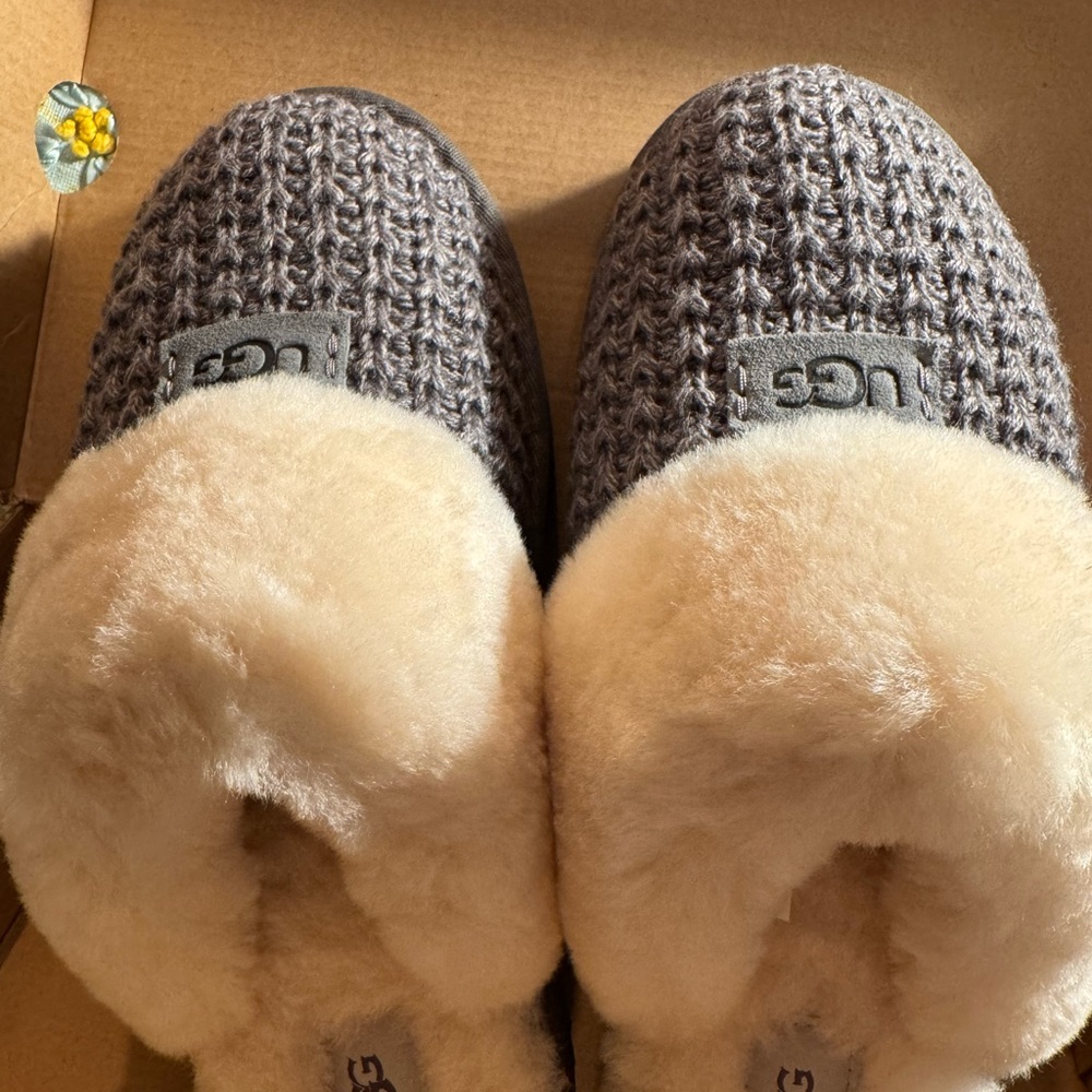 NEW UGG COZY KNIT SHEARLING SWEATER SLIPPERS CHARCOAL